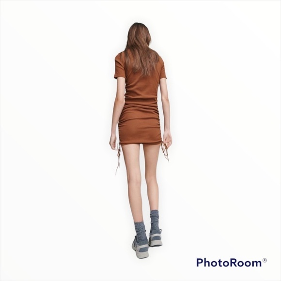 NWT ZARA Brown Short Sleeve Ruched Gathered Side Ribbed Mini T Shirt Dress Sz S - Picture 6 of 9